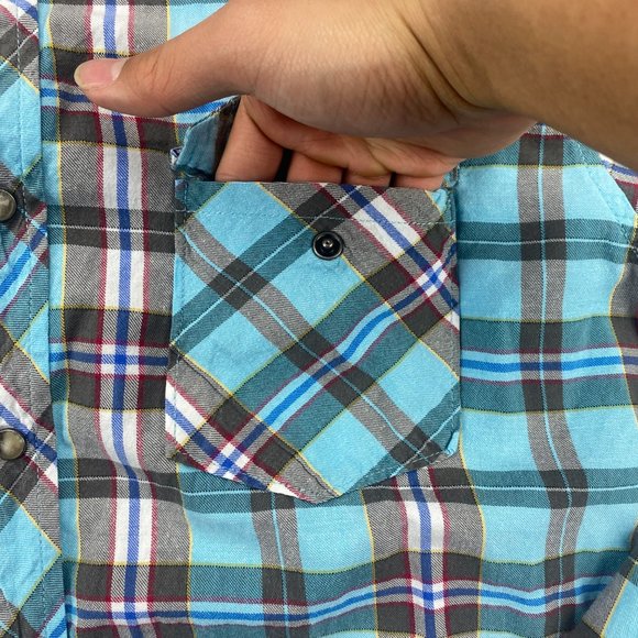 Age of Wisdom Shirt Men Medium M Blue Gray Plaid Multicolor Pear Snap Button Up - Picture 4 of 7